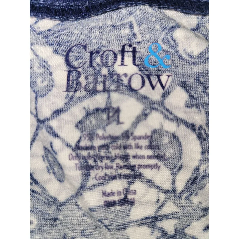 Croft & Barrow Floral Print Tunic Top Embellished Neckline Womens L blue beach‎